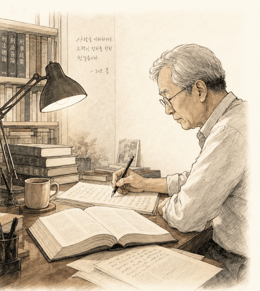 책상 램프 아래 글을 쓰는 학자와 책, 원고가 있는 서재를 담은 수채화 일러스트